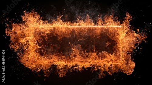 Generative-AI creation: a perfectly rectangular frame forged from roaring tongues of orange, yellow and crimson fire, blazing edges curling inward, isolated on pure black background