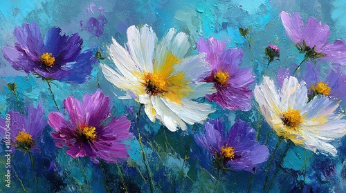 Spring-summer panorama banner: abstract oil-acrylic brushstrokes swirl into lush purple-blue gradients, blossoming into luminous white flowers that seem to float across the canvas; perfect for seasona