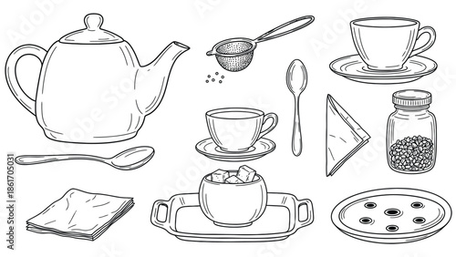 Assorted Tea Time Clipart Elements Including Teapot and Cups.