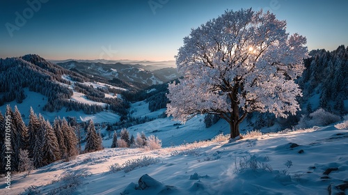 Winter-wonderland panorama captured at Schliffkopf, Black Forest: a solitary snow-laden fir stands amid undulating, frozen slopes, while golden sunset sunbeams break through icy mist