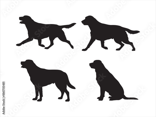 Black Dog Silhouettes and Icons Set, Various Breeds and Poses, Standing, Sitting, Running Pet Animals, Vector Illustration on white background 