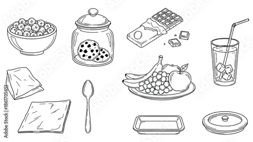 Assorted breakfast items illustration with cereal, fruit, and yogurt.