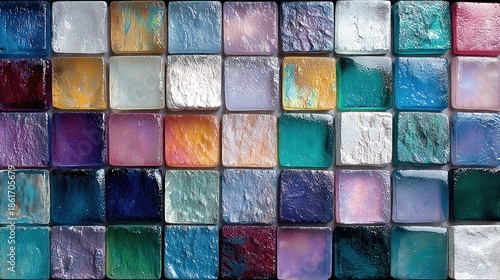White and colorful abstract grunge glass square mosaic mirror tiles create a shimmering, slightly distressed wall texture panorama banner; uneven antique-look surfaces reflect fractured light in muted