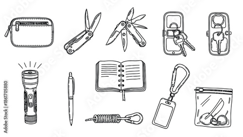 Collection of camping and hiking tools and accessories.