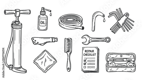 Collection of bicycle repair tools and accessories.