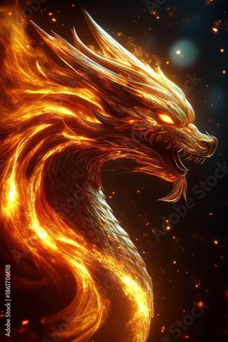 Wallpaper Mural Fiery dragon head and serpentine neck wreathed in molten flames, glowing eyes and sharp scales, roaring fiercely amid sparks and embers, majestic and intense Torontodigital.ca