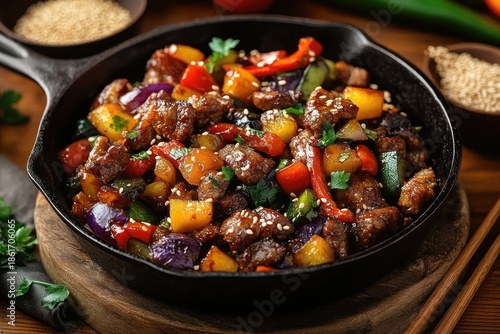 Wallpaper Mural Hearty sizzling stir-fry of crispy diced beef with red and yellow bell peppers, purple eggplant, sesame seeds and fresh herbs in a cast iron skillet, warm and appetizing Torontodigital.ca
