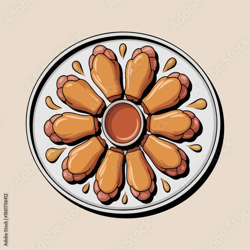 Honey garlic chicken wings vector illustration with sweet glaze and dipping sauce on plate isolated