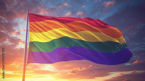 Waving rainbow striped flag on a pole against a dramatic sunset sky, colorful fabric rippling in warm golden light, evoking hope and uplift