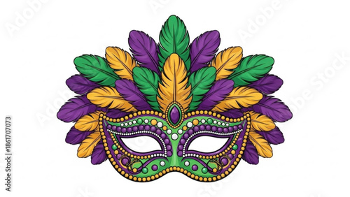 Colorful mardi gras mask with purple, green, and gold feathers and beads on white background for party and celebration