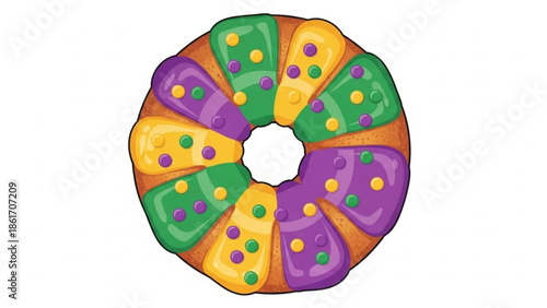 Colorful king cake with purple, green, and yellow icing and sprinkles for mardi gras celebration