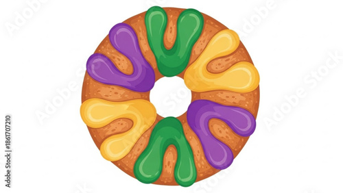 Colorful king cake with purple, green and yellow icing on a white background, traditional dessert for mardi gras celebrations