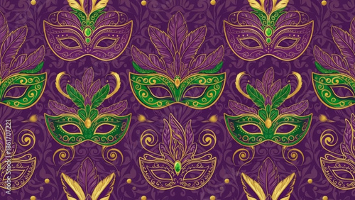 Vibrant mardi gras masquerade ball purple green gold decorative masks feathers swirls pattern