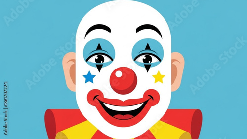 Smiling clown face with colorful makeup and stars on cheeks, red nose and collar, against blue background, cartoon style