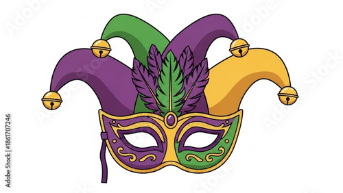 Vibrant mardi gras jester mask with purple, green, and gold colors, feathers and bells, masks for festivals and celebrations, carnival costume accessory