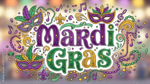 Vibrant mardi gras celebration graphic with colorful masks, beads, and musical notes on blurred background