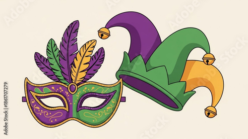 Mardi gras mask and jester hat in purple green and gold colors for carnival party