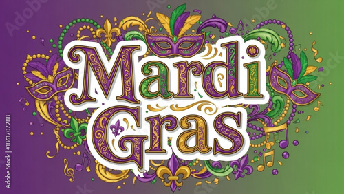 Mardi gras celebration graphic with colorful beads and masks, festive purple green and gold design elements, new orleans carnival party banner