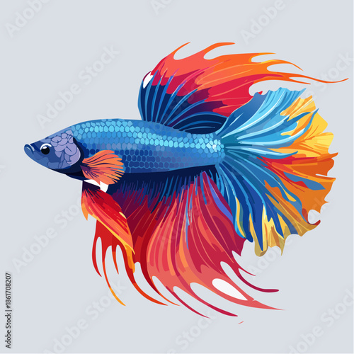 Vibrant blue and orange betta fish illustration with flowing fins, a captivating aquatic creature showcasing dynamic beauty and graceful movement in a detailed artistic rendering