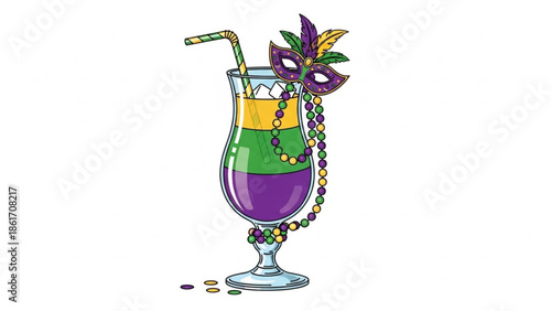 Mardi gras cocktail glass with purple, green, and yellow layers, beads, and mask, festive new orleans party drink