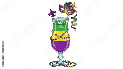 Mardi gras cocktail glass with colorful beads and mask decoration festive purple green yellow drink
