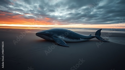 recedes. A stranded whale on a vast empty beach as the tide recedes under a sunset. inspiring travel planning, ESG reports, designed for environmental awareness campaigns, used by professors.