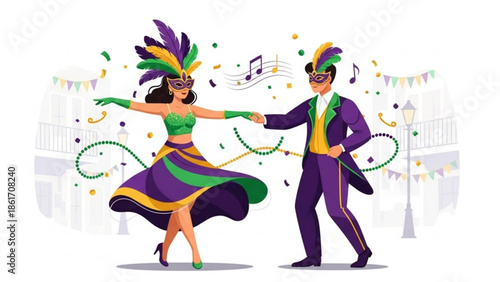 Mardi gras celebration with couple dancing in colorful costumes and masks, festive beads and confetti, purple, green, and gold decorations, new orleans style party