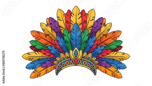 Vibrant colorful feather headdress with intricate patterns and designs on white background for cultural or festive themes