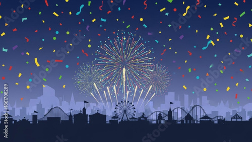 Fireworks exploding over amusement park at night with confetti, city skyline in background, celebration scene with roller coasters and ferris wheel