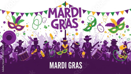 Mardi gras celebration with musicians and colorful masks and beads on white background with purple green and yellow decorations
