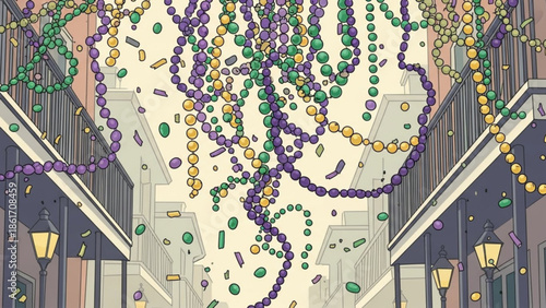 Mardi gras beads falling down city street with buildings and lamps, festive colorful celebration scene