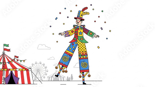 A colorful clown juggling at a vibrant circus with a tent and ferris wheel in the background, creating a lively and joyful atmosphere with confetti