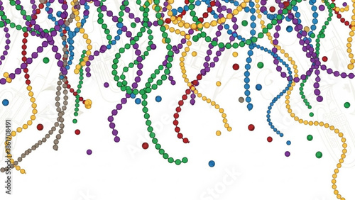 Colorful beads in various colors like green, blue, purple, yellow, red, and gray are strewn across a white surface, tangled and scattered