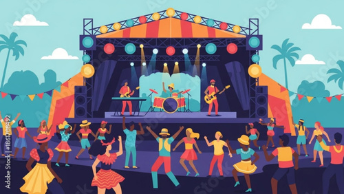 Vibrant outdoor music festival with live band and dancing crowd under colorful lights and palm trees at summer event