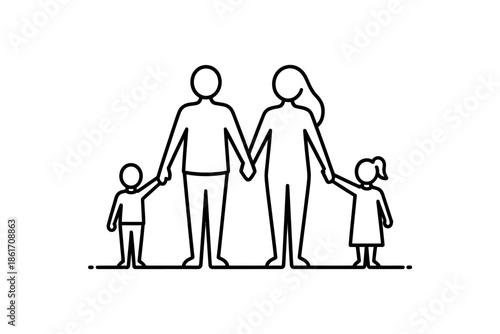 A simple line drawing depicts a happy family of four holding hands and standing together.