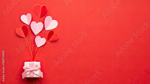 Valentine's day gift box with pink and red heart balloons on red background for love and romance