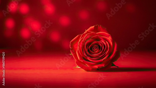 Beautiful single red rose on a red background with bokeh lights romantic valentine's day symbol love and passion