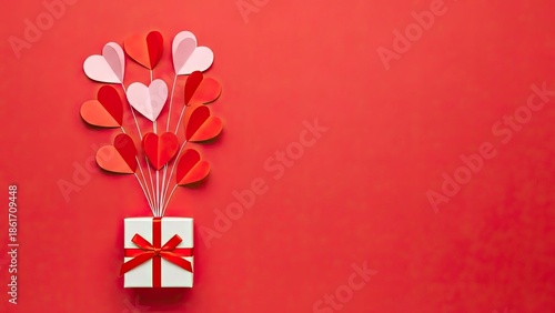 Gift box with red and pink hearts on red background, valentine's day symbol, love and romance concept, heart shaped balloons coming out of present