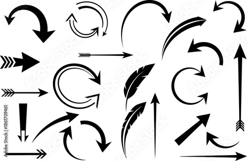 Collection of various black arrows and curved pointers on a white background for design and directional indications