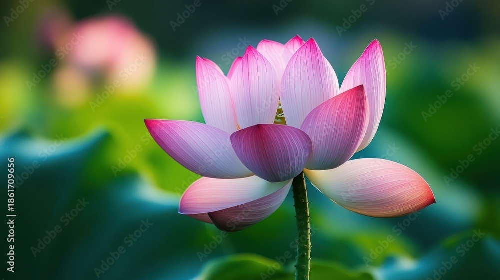 Fototapeta premium Serene pink lotus blossom with layered delicate petals, green blurred leaves and soft bokeh background, evoking tranquility and gentle natural beauty