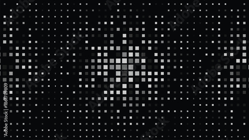 Abstract digital background of glowing squares forming a central bright pattern on black, vector illustration