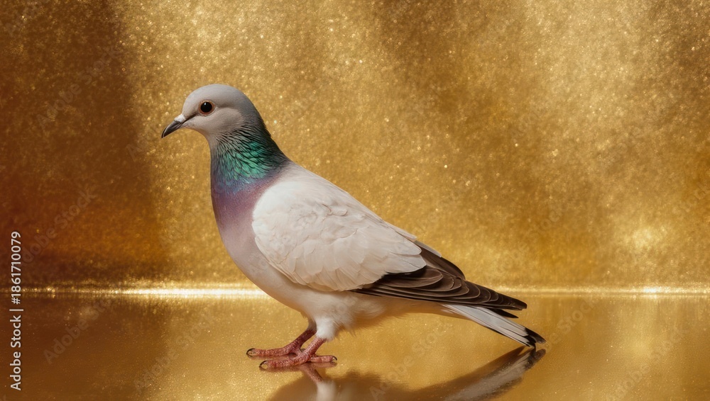 Fototapeta premium A pristine white pigeon with iridescent neck feathers stands against a shimmering gold backdrop