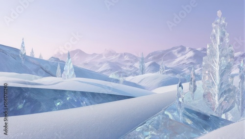 A digitally rendered winter wonderland with frosted structures and rolling mountains under a dusky sky