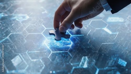 A hand places a puzzle piece into a glowing hexagonal digital pattern, metaphor for problem-solving