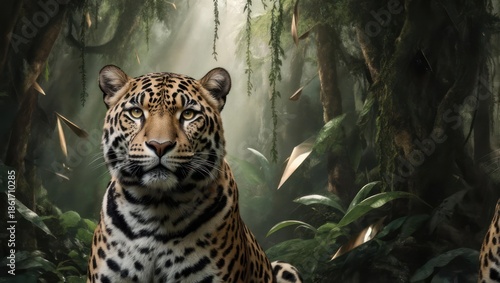 A majestic jaguar gazes forward, amidst lush tropical foliage and dappled light