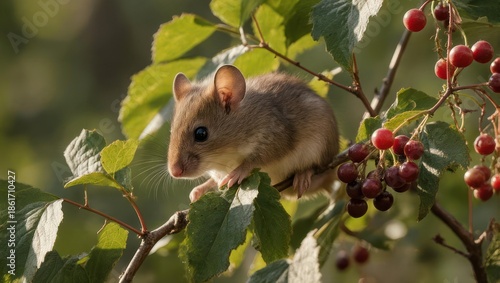 A small brown mouse perches on a branch, surrounded by green leaves and red berries