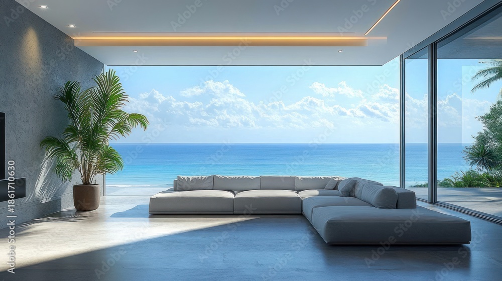 Fototapeta premium Minimalist modern living room with low sectional sofa, floor-to-ceiling glass walls and sliding doors opening to a turquoise ocean horizon, potted palm, soft sunlight and serene calm atmosphere