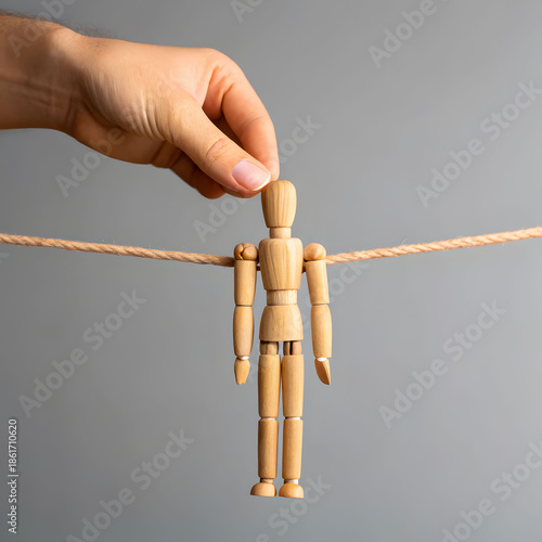 the human hand holds a wooden doll on the clothes