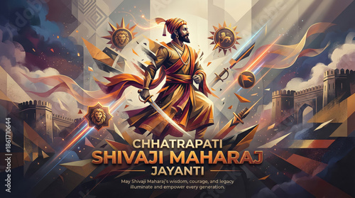 Chhatrapati Shivaji Maharaj Jayanti Festive Illustration with Warrior Figure and Forts India king