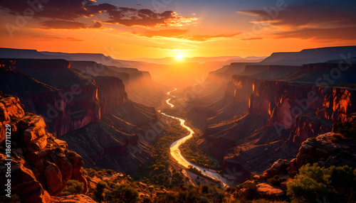 A breathtaking canyon view during sunset with a glowing river cutting through layered cliffs, surrounded by warm tones and atmospheric depth in a peaceful setting.